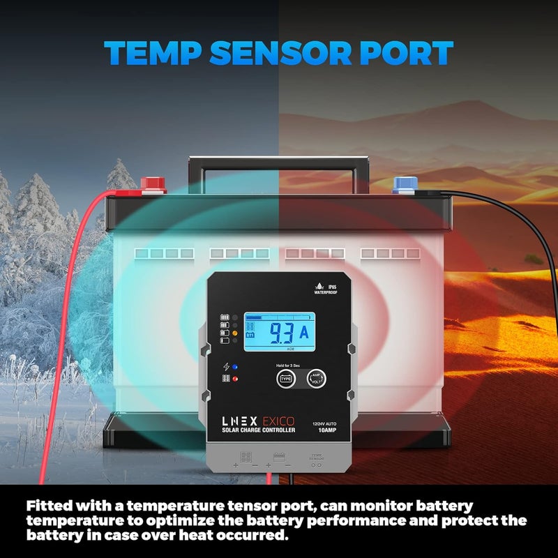 LNEX تحكم شحن شمسي مقاوم للماء، 10A منظم بطارية فائق النحافة مع شاشة LCD 12V/24V وحدة تحكم PWM لبطاريات LiFePO4 وAGM وGel وFlooded وLithium - Image 5